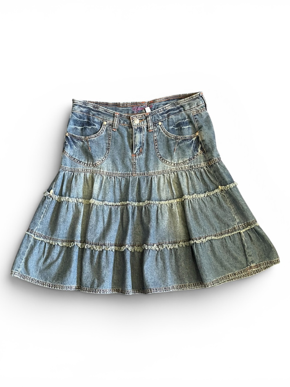 #053, Younique Denim Tiered Ruffle Skirt - Light Blue, size 9